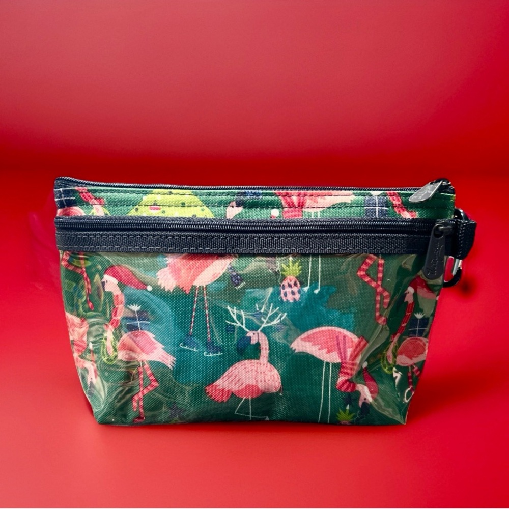 Thirty-One Christmas Flamingo Cosmetic Bag With Clear Front Pocket NWOT